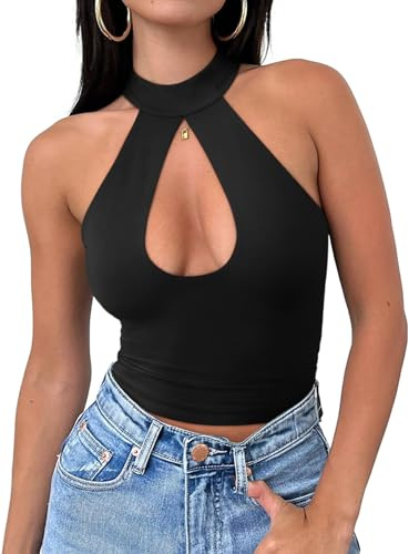 REORIA Women's Sexy Criss Cross Halter Neck Trendy Summer Sleeveless Nightout Cute Y2K Clubwear Going Out Cutout Crop Tops Summer Tops for Women Concert Outfits for Women (Black Medium)