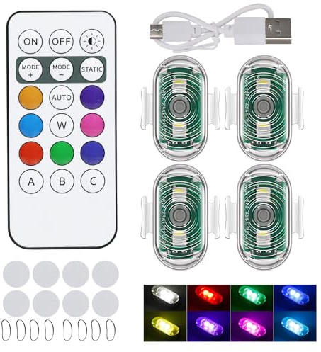 4PCS LED Strobe Lights for Car Motorcycle Wireless Remote Control Anti Collision Lights Rechargeable Multi Color Car Ambient Lights Waterproof LED Flashing Lights for Vehicle Drone & Bicycle 7 Colors