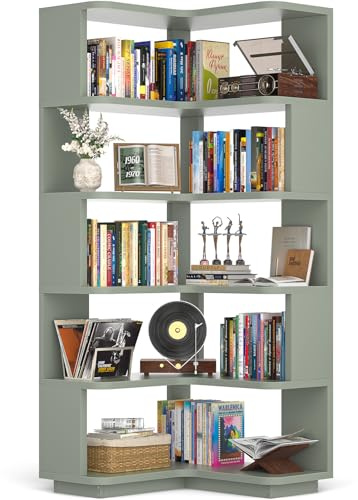 Armocity Corner Book Shelf - 6 Tier Corner Bookshelf Etagere Bookcase with Baffle, Freestanding L Shaped Display Shelf Stand for Home Office, Living Room, Bedroom, Kitchen, Crab Green