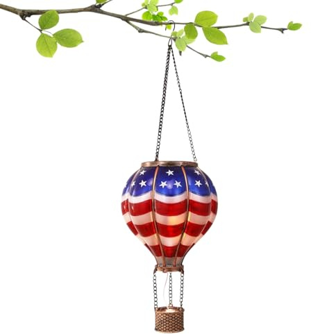 Jcasbdn Solar Hot Air Balloon Lantern with Flame 4th of July Decorations Weather Proof Hot Air Balloon Ornament Hanging Patriotic Lamp Style 1