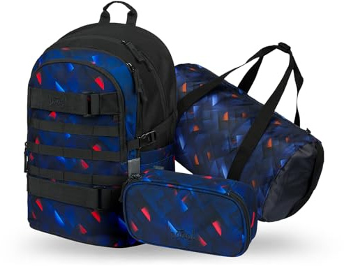 Baagl Skolryggsäck set pojkar 3 delar (skolväska): skateboard ryggsäck, pennfodral, sportväska, 25 l, indigo, Mittelgroße