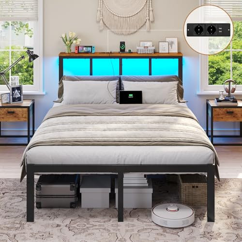 Brinlawb Struttura Letto 120x200 cm con Luce LED e Stazione di Ricarica (2 Prese CA, 2 Porte USB) Struttura Letto 120x200 cm con struttura in metallo, Forte e stabile, Facile da montare, Moderno