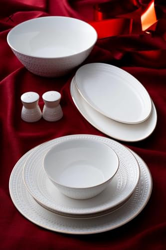 Élégant service de table en porcelaine, 29 pièces, pour 6 personnes, blanc avec bordure dorée, motif en relief