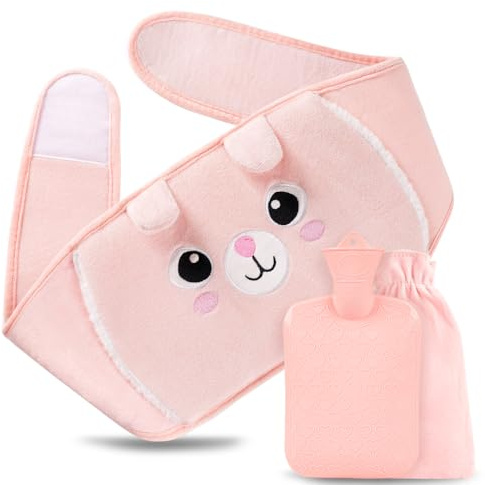 Bolsa de agua caliente, 1 l, bolsa de agua caliente con funda de cintura suave, bolsa de calor para cuello, hombros, espalda, piernas, calor o alivio del dolor (Rosa)