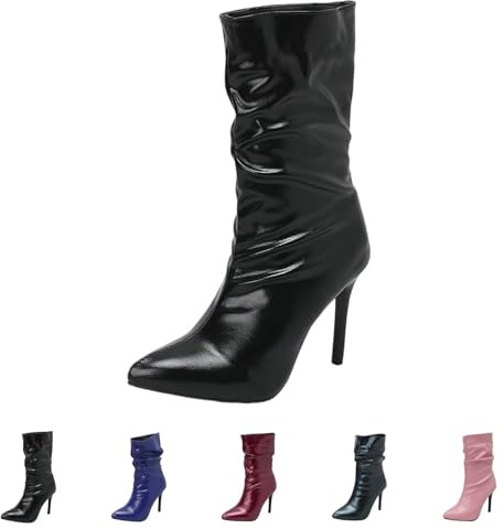 Stövletter dam med klack läder – dam höga klackar stövlar sexiga – läderstövlar penigasbatz slip-stövlar elegant PU-läder stövlar halvskaft Chelsea stövlar stilettos damstövlar, svart, 43 EU