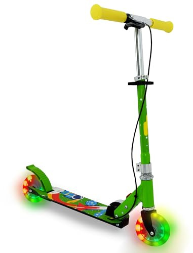 LED Tretroller Kinder ab 4 Jahre klappbar, höhenverstellbar für 4-10 Jahre, Faltbarer Scooter mit LED-Beleuchtung, Zwei LED-Räder, Kinderroller Velotouro FASports mit Handbremse (Hellgrün, Gelb, Rot)