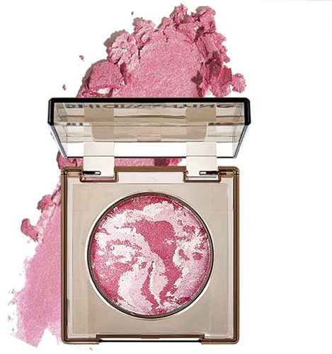Baked Powder Blush, Buildable Shimmer Brick Blusher, Pearlescent Marbled Compact, Long-Wearing Sweat-Proof Water-Resistant Cheek Makeup for Natural Radiance and Dimensional Finish, #01 Pink Rose
