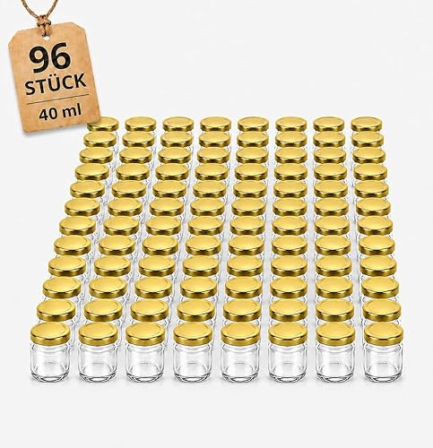 SEPIR 96 Stück Mini Gläser 40 ml mit goldenen Deckeln, kleine Einmachgläser 46 x 43 mm, Glasbehälter für Marmelade, Honig, Gewürze, Desserts und Gastgeschenke