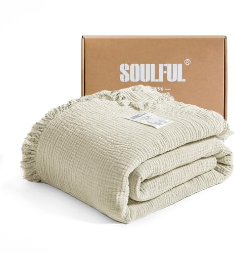 SOULFUL Musselin Decke 167x228 mit Quasten - Hellbeige