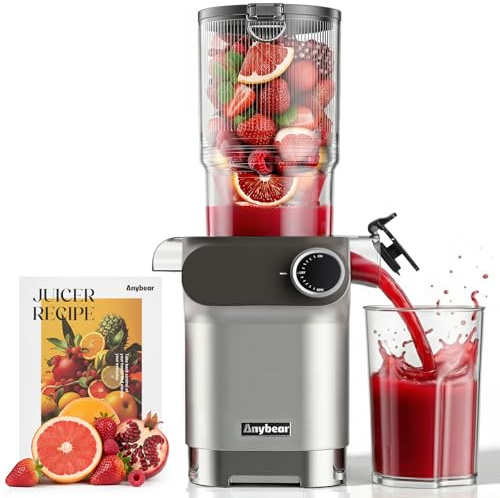 Extractor de Jugo Anybear, 200W Slow Juicer Masticador Lento, Tolva de Alimentación Grande de 10 cm para Frutas y Verduras | Barrena Mejorada | Material Tritan | Libre de BPA (plata)