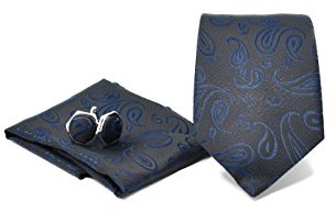 Krawatte Set mit Paisley Dunkelblau Krawatte, Einstecktuch und Manschettenknöpfe für Herren - 100% Seide - Elegant und Modern - (Geschenk, ideal für Männer zum Geburtstag, eine Hochzeit)