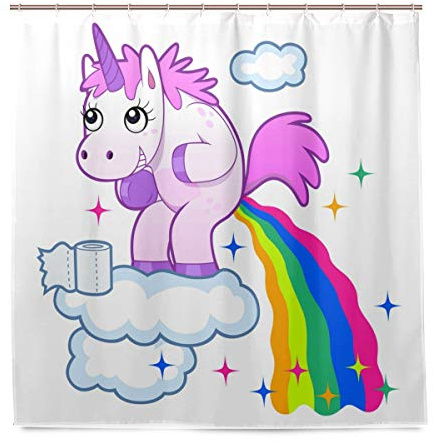 Wamika Badezimmer-Duschvorhang mit lächelndem Einhorn, Regenbogen-Design, strapazierfähiger Stoff, schimmelresistent, wasserdicht, mit 12 Haken, 183,0 cm x 183,0 cm