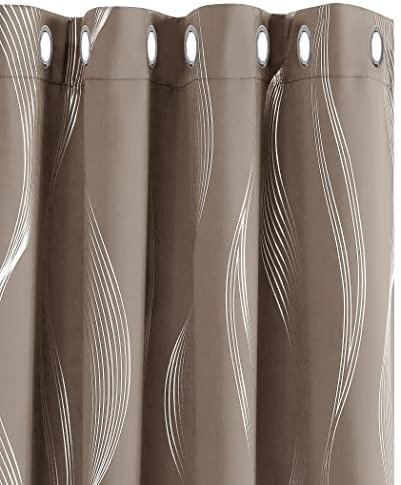 Deconovo Super Soft Wave Line Foil Printed Thermal Insulated Blackout Curtains Window Treatment Eyelet Curtains for Children 55 x 94 Inch Khaki 2 Panels
