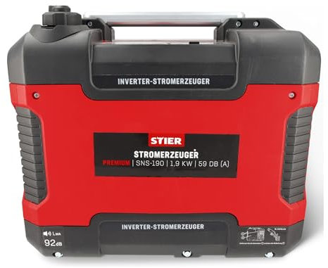 STIER Stromerzeuger Premium SNS-190, Strom Generator, Benzin, 4l Tankvolumen, 21,5 Kg, leise: 59 dB(A), 4-Takt Motor, Inverter Stromaggregat, Ölsensor & Eco-Modus, Laufzeit bis zu 6h