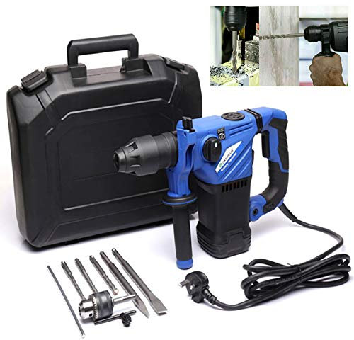 1500W Heavy Duty Rotary Hammer Drill, Hand Electric Cored Percussion Drill with Drill Bits Set, 3 Function, Variable-Speed Trigger, 360° Rotating Handle for Brick, Wood, Steel, Concrete, Masonry