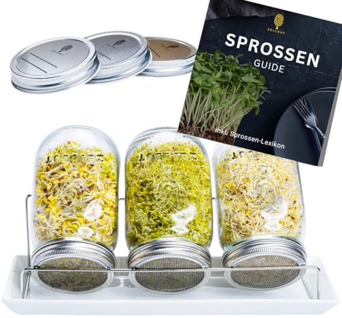 ZELLGUT® 2-i-1 Ribbsturs, set om 3 – grodd glas 100 % plastfritt – förvaringsglasfunktion tack vare extra lock – rostfritt stål av hög kvalitet – lätta groddar tack vare instruktioner och särskilt