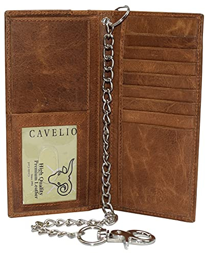 Cavelio Genuine Leather Men's Chain Biker Wallet Long Bifold Checkbook RFID Blocking Wallets for Men (Tan with Chain)
