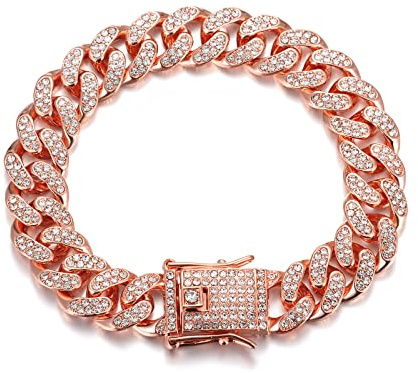 HALUKAKAH Bracciali Uomo Oro,Catenina Cubano Miami 14mm Iced out con Diamante,Placcato Oro Rosa Bracciale,Oro,22cm,con Pacco Regalo Gratuito
