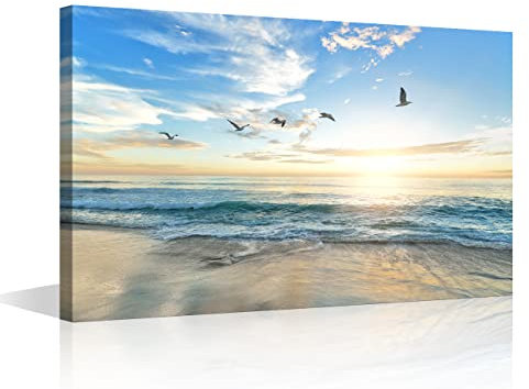 Arte da parete per soggiorno, spiaggia, tela, decorazione da parete, blu, mare, tramonto, foto, stampa su tela, paesaggio naturale, paesaggio marino, pronta da appendere, 30.5x45.7 cm