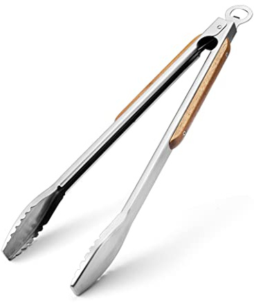 Wood-Handled Grill Tongs, 19.5/50cm Extra Long BBQ Tongs, Heavy Duty Premium Stainless Steel Metal Tongs with Solid Wood Handles, for Charcoal, Grilling, BBQ, Barbecue, Cooking