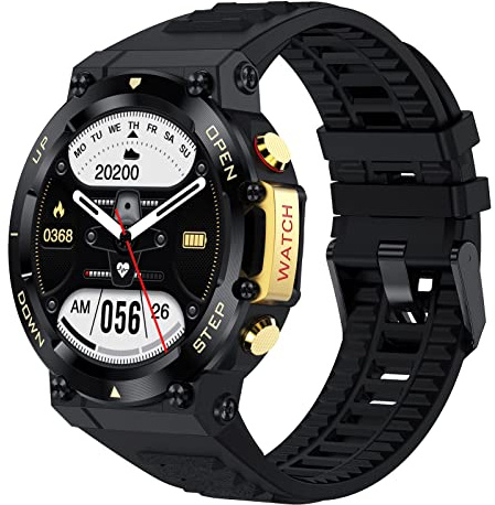 Smartwatch 1,32 Zoll mit Anruf, Bluetooth, HD, Militär, wasserdicht, taktisch, für Herren, Smartphone, Sprachassistent, Aktivitätstracker, Schlafmonitor, Schrittzähler, Kalorienzähler, Stoppuhr, gelb