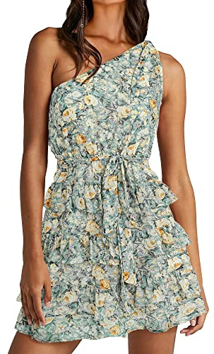 BTFBM Women One Shoulder Summer Dresses 2026 Floral Sundress High Waist Flowy Mini Beach Spring Wedding Guest Dress (Floral Green, X-Large)