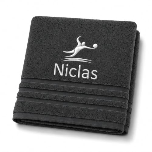 Pet-Jos Personalisiertes Handtuch mit Namen Schön gestickter Sport Name Handbadetuch 100% Baumwollhandtuch Sportliche Motive Personalized Custom Towel with Name (140 x 70 cm, Volleyball)