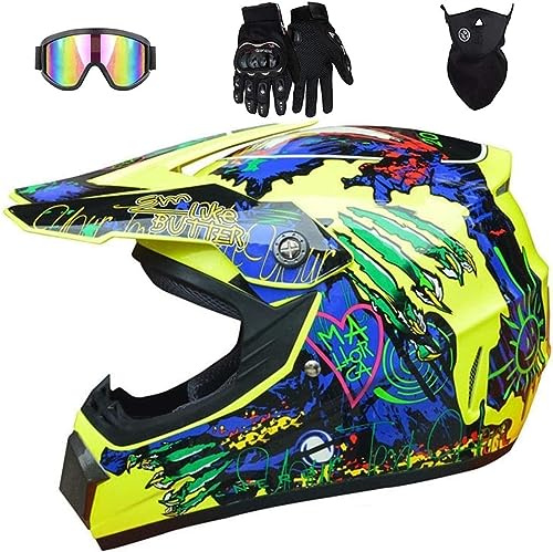 LYEVA Casco De Motocicleta, Casco de Motocross para Niños, Homologado ECE y DOT con Set de Guantes, Gafas y Máscara - MX Quad Enduro Off Road ATV Scooter Descenso (S(55-56cm))