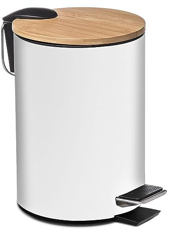 TIENDA EURASIA - Papelera de Metal con Tapa de Bambu, 3L, 17x22,5x23,5 cm, Cubo de Basura Pequeño Extraíble, con Pedal, Asa para Transportar, para Baño, Cocina o Escritorio, Blanco