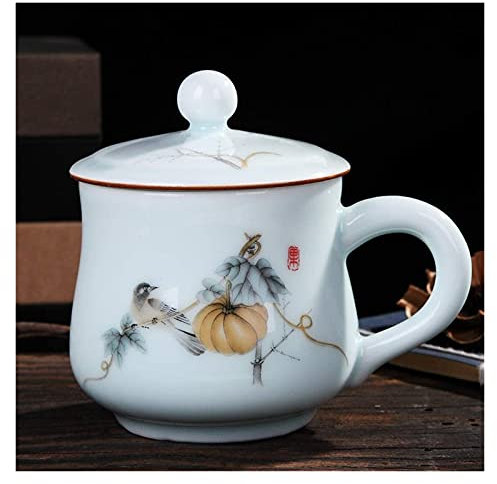 Juego de té de cerámica oriental, taza de té, taza de café, taza de té de porcelana con tapa, taza de café de cerámica pintada a mano china, sistema de preparación de té de hojas sueltas, 15 oz reutil