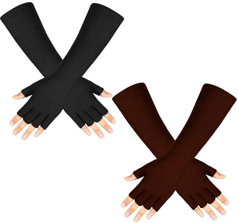 2 Pairs Winter Fingerless Gloves Long Thermal Knitted Mittens Stretchy Arm Warmers Half Finger Gloves for Men Women, 11 Inch (Black, Brown)