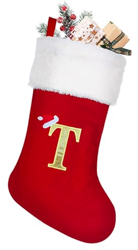 NIBESSER Weihnachtsstrumpf Rot Klassische Flanell Nikolausstrumpf Initialen Buchstabe Christmas Stocking Hängende Strümpfe Weihnachten Geschenktasche Nikolausstiefel