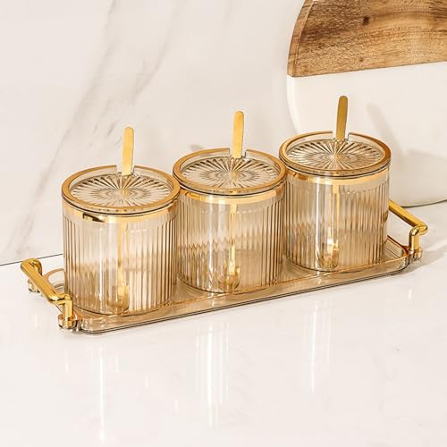 MoRfiL Nordischer Stil Glas Dose Salzdose dreiteiliges Set Gewürzdosen mit Löffel und Deckel Gewürzbehälter Vorratsdose Zuckerdose Salztopf,Gold