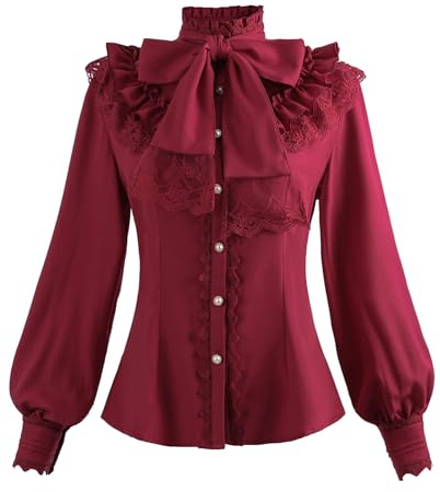 Fiamll Camicetta da donna vittoriana vintage fiocco camicia colletto alto con volant camicia a maniche lunghe, Rosso, M