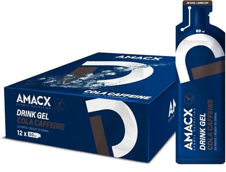 AMACX Energy Gel mit 30g Kohlenhydrate und Caffeine – 12er Pack – Elektrolyte für intensives Training – 200mg Natrium pro Energiegel – Sport Gel mit Maltodextrin – Cola/Koffein