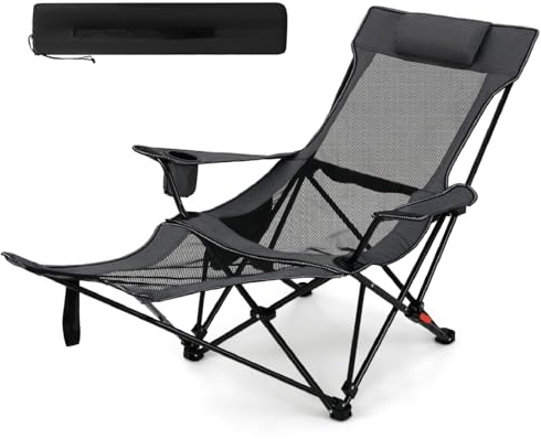 TANGZON Folding Camping Chair, Reclining Camp Chair with Footrest | Adjustable Backrest, Padded Pillow, Cup Holder, Side Pocket, Carry Bag, 150 kg Capacity, Khaki Outdoor Lounger for Travel