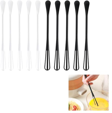 10Pcs Multifunctional Mini Whisk,Mini Spoon,Small Whisks for Cooking, 2 in 1 Mini Small Wisk,PP Plastic Mini Whisks for Cooking, for Blending,Whisking,Beating Ingredients, Mixing Sauces(Black/White).