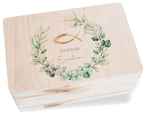 Holzkiste - Erinnerungsbox Kommunion Fisch Eukalyptuskranz | Kommunion Erinnerungsbox Personalisiert - 30 x 20 x 14 - Holz - firmung holzschachtel box zur erstkommunion taufe geschenkbox kiste