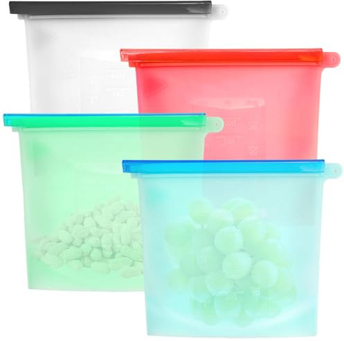 TESSTSY 4 Piezas Bolsas Silicona Reutilizables, 1L Bolsas Para Congelar Alimentos Silicon con Clips de Cierre Resistentes al Calor Bolsas de Congelación Reutilizables para Frutas Verduras Leche Carne