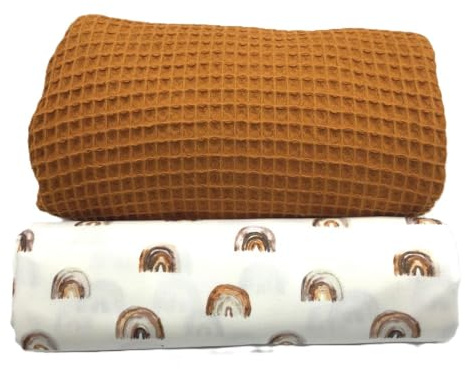 Waffelpique und Baumwollstoff Set | farblich abgestimmt | 100% Baumwolle | Ökotex | zum Nähen von Wickelunterlagen, Kissen, Babyzimmer-Ausstattung uvm. (Regenbogen, rost)