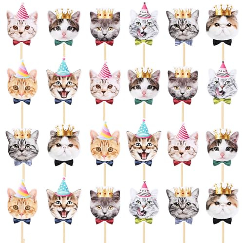 24Pcs Cat Cupcake Toppers, Birthday Cake Decorations Single Sided Kitten Face Cupcake Topper Picks Decor for Baby Shower Supplies Birthday Party Favors (8 Styles)