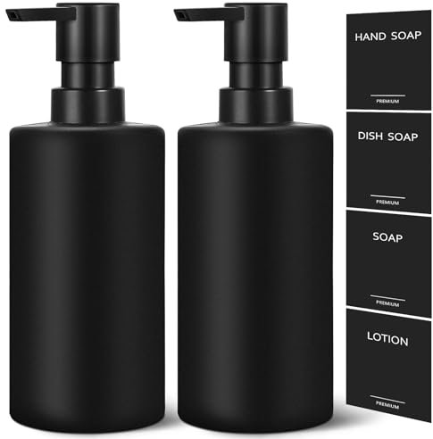 GMISUN Hand Soap Dispenser, 12 Fl oz Black Soap Dispenser Bathroom, 2 Pcs Washing up Liquid Dispenser, Refillable Handwash Dispensers Bottle with Waterproof Labels, Glass Pump Bottle Dispensers