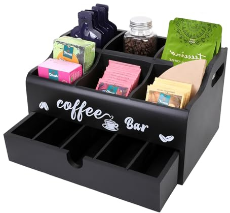 Coffee Station Organizer for Countertop, WATUNID Wooden Coffee Bar Accessories Organizer with Drawer, Detachable Coffee Pods Holder Storage Basket, Coffee Condiment Organizer Station for K Cup Sugar