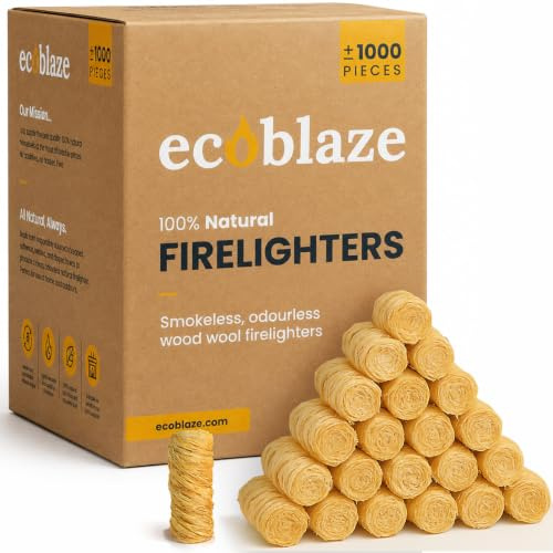 1000 Ecoblaze Natural Firelighters | 1 x 1000 Box | Long Burning, Fast Lighting, Odourless Wool Starters | Kindling Wood, BBQ Lighter Kit, Firestarter for Pizza Ovens, Log & Wood Burners, Fire Pit