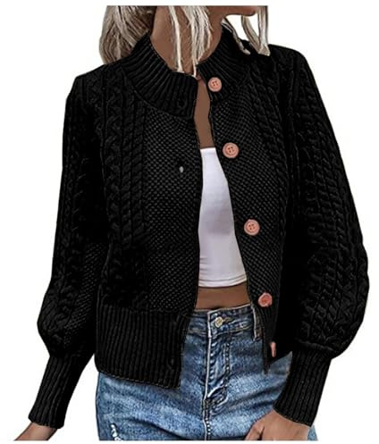 Strickjacke Damen Kurz Stehkragen Mit Knöpfen Strickjacken Für Damen Winter Warm Strickjacke Grobstrick Strickmantel Damen Dicke Elegant Grobstrickjacke Langarm Zopfmuster Strick Cardigan Slim