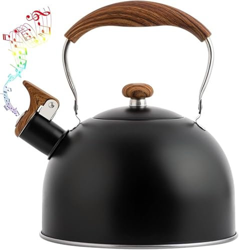 Bouilloire sifflante noire de 2,3 litres – Théière durable en acier inoxydable 304 pour toutes les cuisinières, chauffage rapide et facile à nettoyer
