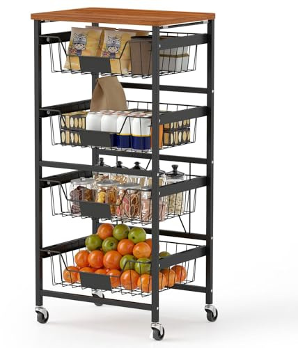 TANGZON 4/5 Tier Storage Trolley, Rolling Kitchen Storage Cart with Mesh Baskets, Chalk Labels, Wooden Top & Wheels, Utility Shelving Rack Organizer for Living Room Bedroom Office Laundry (5 Tier)