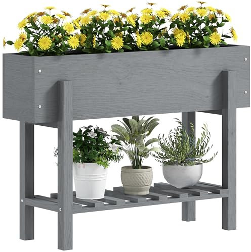 Outsunny Huerto Urbano de Madera Mesa de Cultivo con Estante Jardinera Elevada para Cultivo Flores Vegetales en Jardín Terraza 100x30x70,5 cm Gris