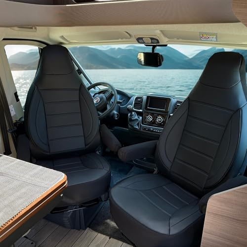 Auto Interieur Meester Sitzbezüge passend Kompatibel FIAT Ducato Wohnmobil 2-teiliges Set für Fahrer & Beifahrer mit Armlehnenbezügen,kompatibel mit Pössl, Knaus, Adria, Carthago Kunstleder Schwarz