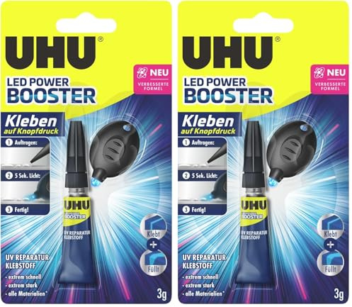 UHU LED-Light Booster, Kleben auf Knopfdruck - lichtaktivierter Reparatur-Klebstoff, 3 g (Packung mit 2)